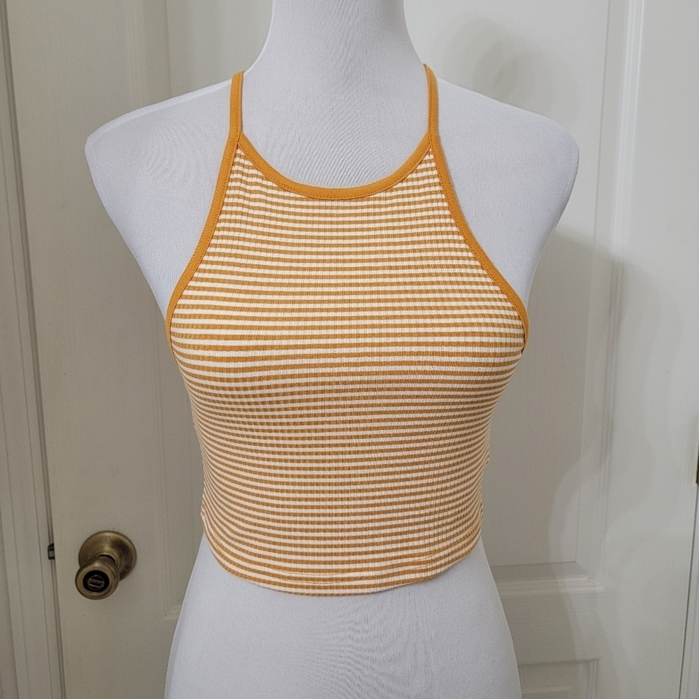 Forever 21 Golden Yellow & White Striped Criss Cross Ladder Back Cropped Tank